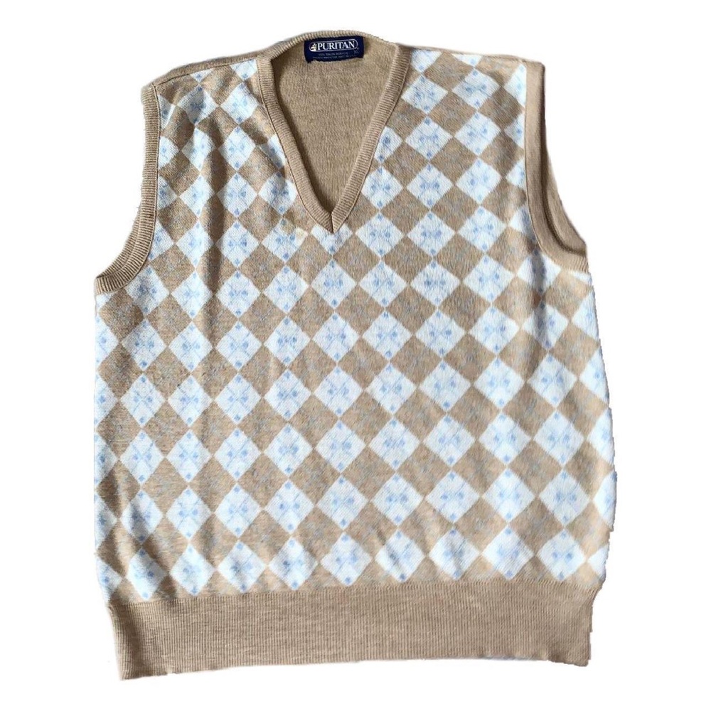 tan and blue argyle sweater vest